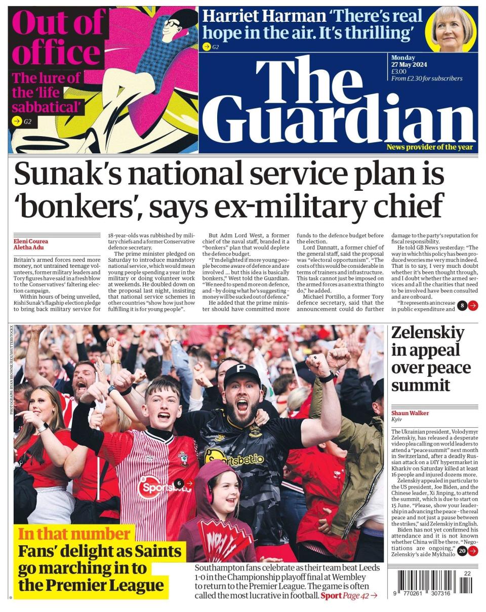 The headline on the front page of the Guardian reads: "Sunak's national service plan is 'bonkers', says ex-military chief"