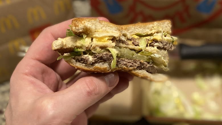 Hand holding half-eaten Big Mac