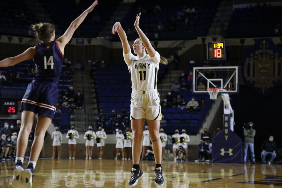 Army's Sabria Hunter (11) attempts a jump shot against Navy on Saturday in Annapolis, Maryland. Hunter finished with a team-high 16 points. Army lost 61-60. ARMY ATHLETICS