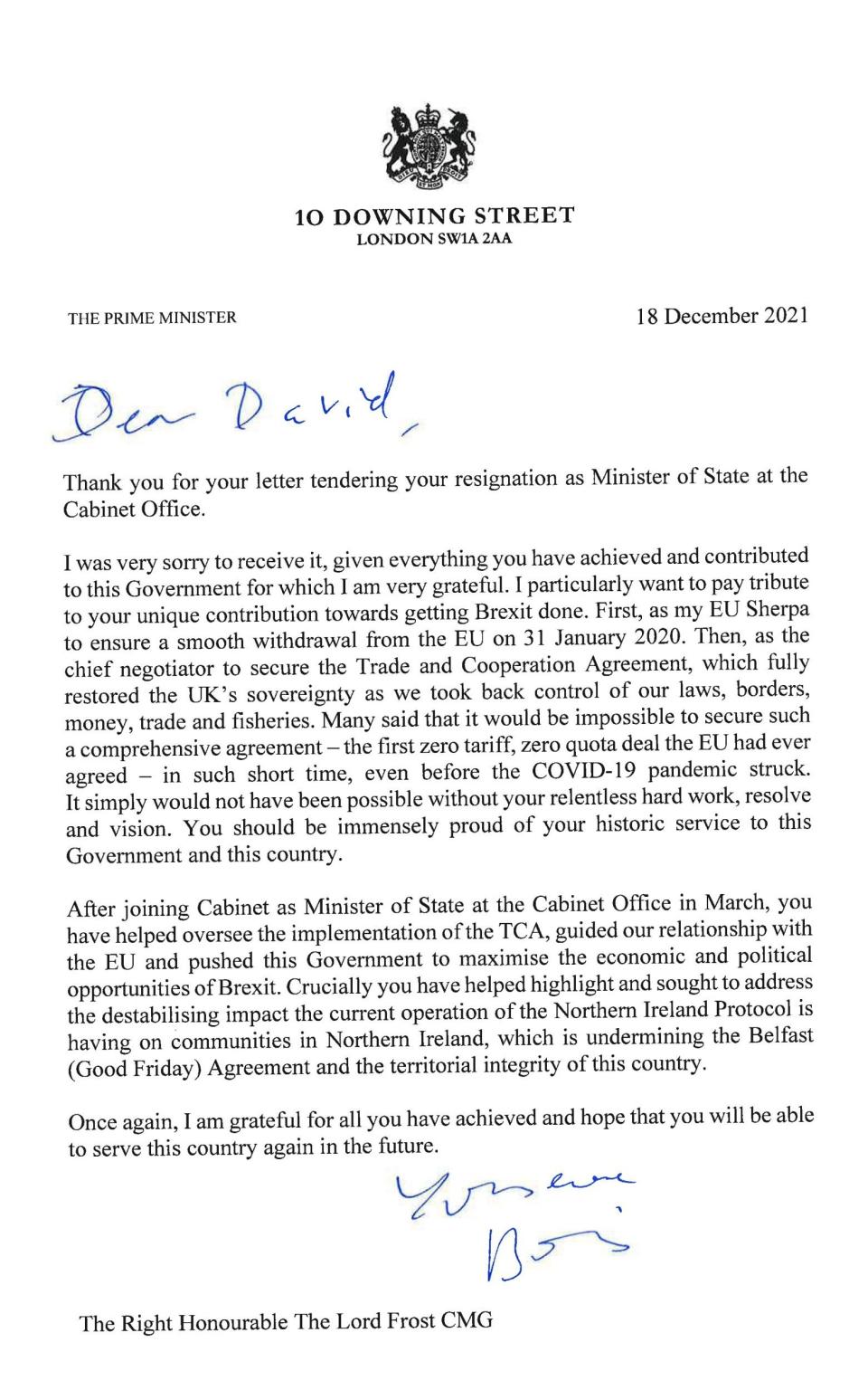 Boris Johnson's response to Lord Frost's resignation was also released by No 10 on Saturday night - 10 Downing Street