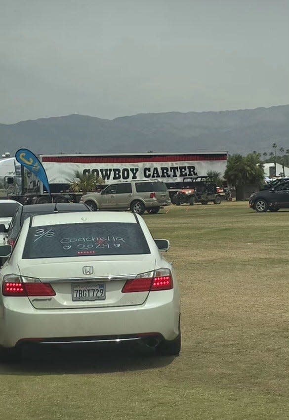 A chrome semi-truck with "Cowboy Carter" emblazoned on it is parked on the grounds of the Coachella Music and Arts Festival sparking speculation that Beyonce could make a guest appearance in some way to promote her new album, even though it is a country album.