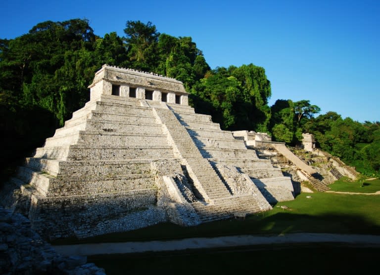 A general view of the Temple of the Inscriptions at the archaeological site of Palenque, in the state of Chiapas