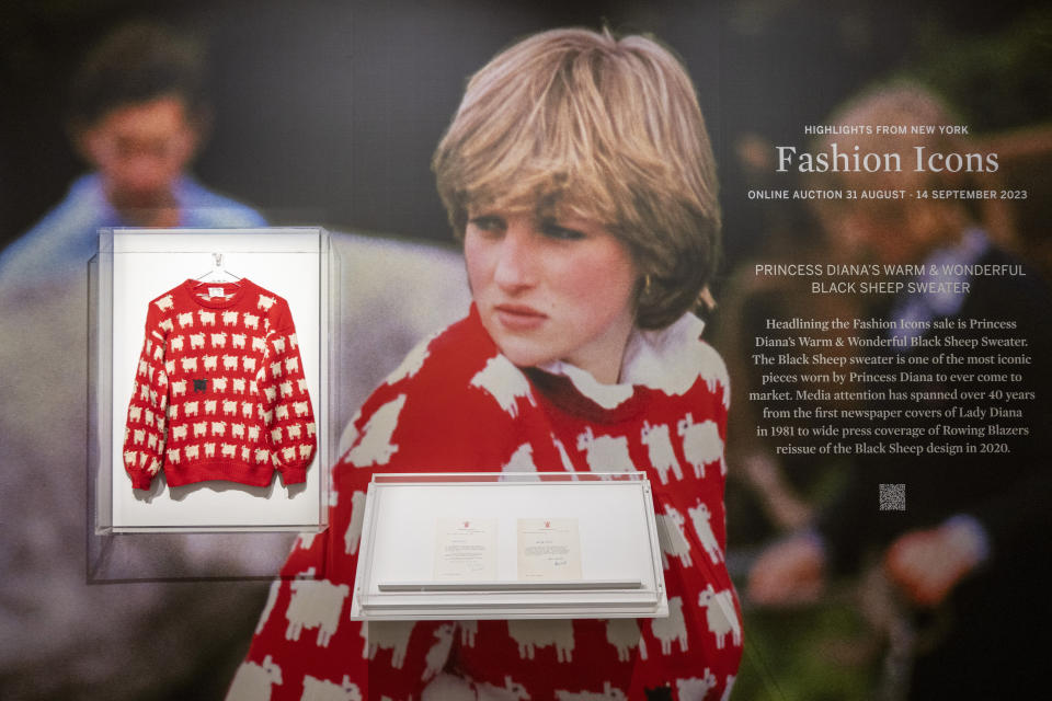 LONDON, UNITED KINGDOM - July 17:  
The late Princess Dianaâs historic black sheep jumper is on display at Sothebyâs auction house with a sale estimate of Â£40,000-70,000 ($50,000-80,000) in London, United Kingdom on July 17, 2023. (Photo by Ray Tang/Anadolu Agency via Getty Images)