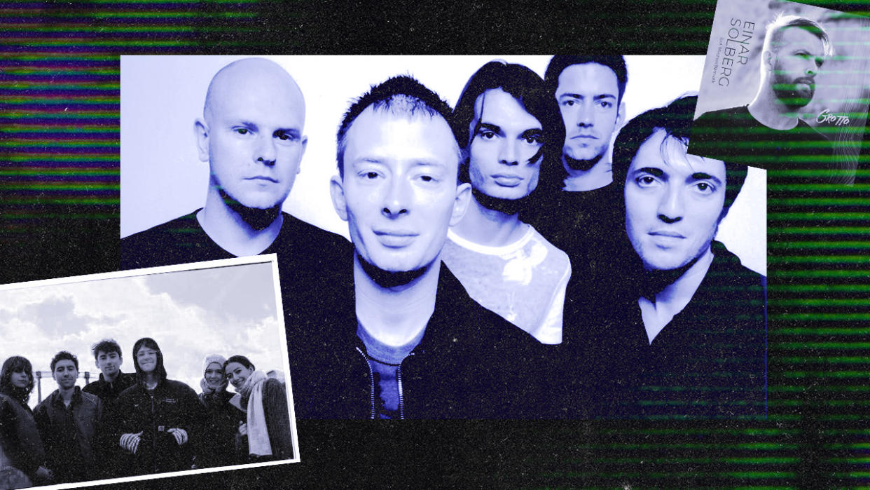  A photograph of radiohead with black country new road and einar solberg superimposed on top 