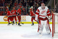 Carolina Hurricanes celebrate a goal by Sebastian Aho, left, behind Detroit Red Wings goaltender James Reimer during the second period of an NHL hockey game in Raleigh, N.C., Thursday, March 28, 2024. (AP Photo/Karl B DeBlaker)