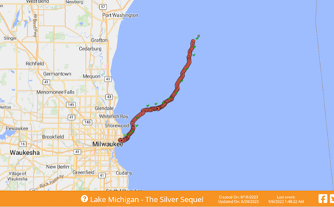 The route Dreyer swam in worsening Lake Michigan conditions before his rescue Sept. 5. (Image/Jim Dreyer)