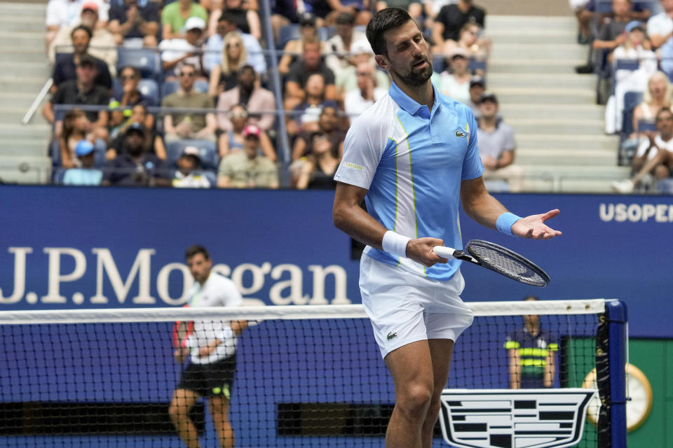 Novak Djokovic, of Serbia, reacts during a match against Bernabe Zapata Miralles, of Spain, during the second round of the U.S. Open tennis championships, Wednesday, Aug. 30, 2023, in New York. (AP Photo/John Minchillo)