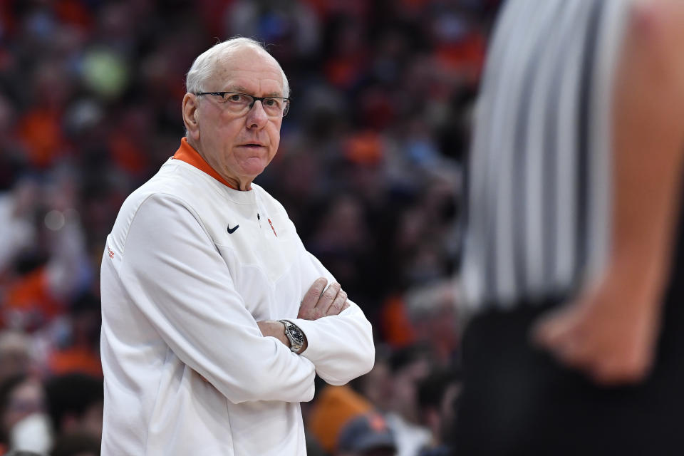 Syracuse head coach Jim Boeheim looks toward a referee during the first half of the team's NCAA college basketball game against Duke in Syracuse, N.Y., Saturday, Feb. 26, 2022. (AP Photo/Adrian Kraus)