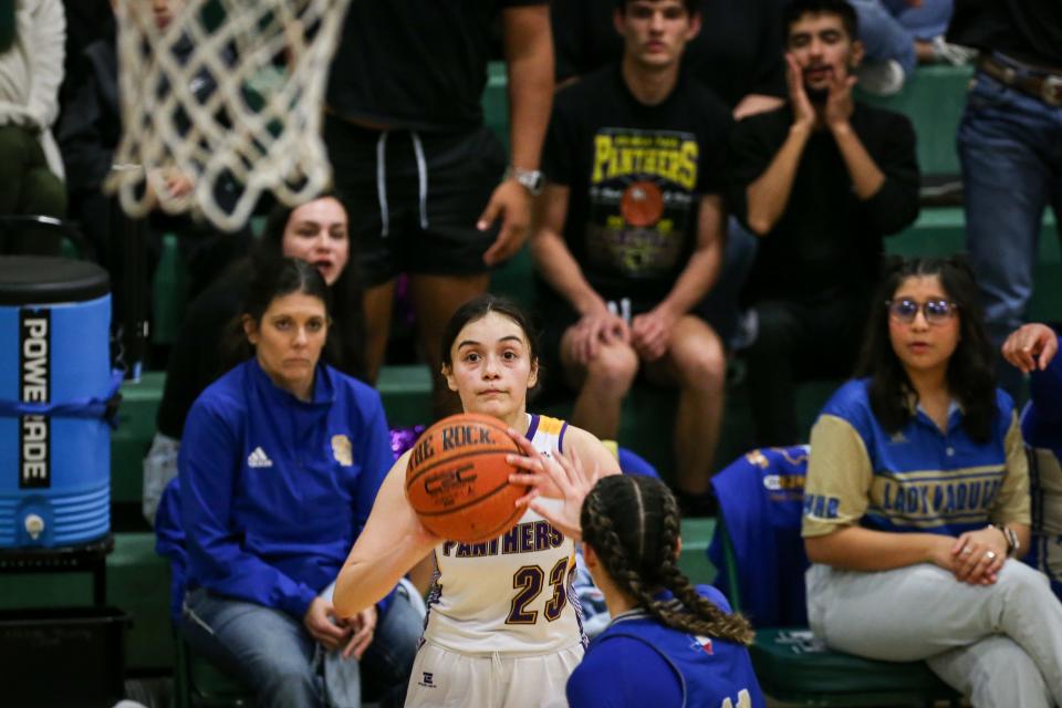 Aransas Pass senior Melanie Castillo shoots a 3-pointer during the Class 3A regional quarterfinals at King High School on Tuesday, Feb. 20, 2024, in Corpus Christi, Texas.