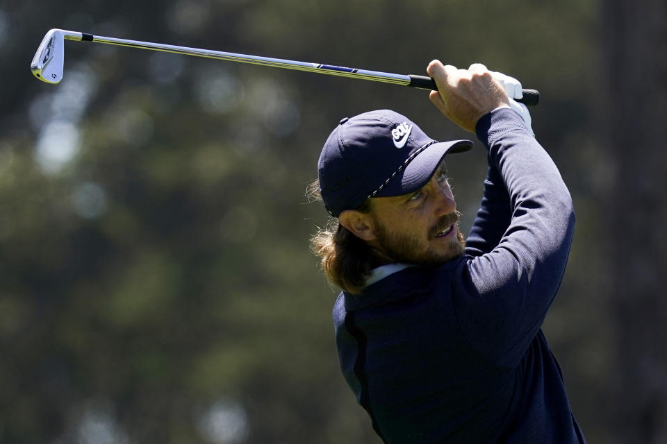 Tom Fleetwood of England, watches his tee shot eighth hole during the second round of the PGA Championship golf tournament at TPC Harding Park Friday, Aug. 7, 2020, in San Francisco. (AP Photo/Jeff Chiu)