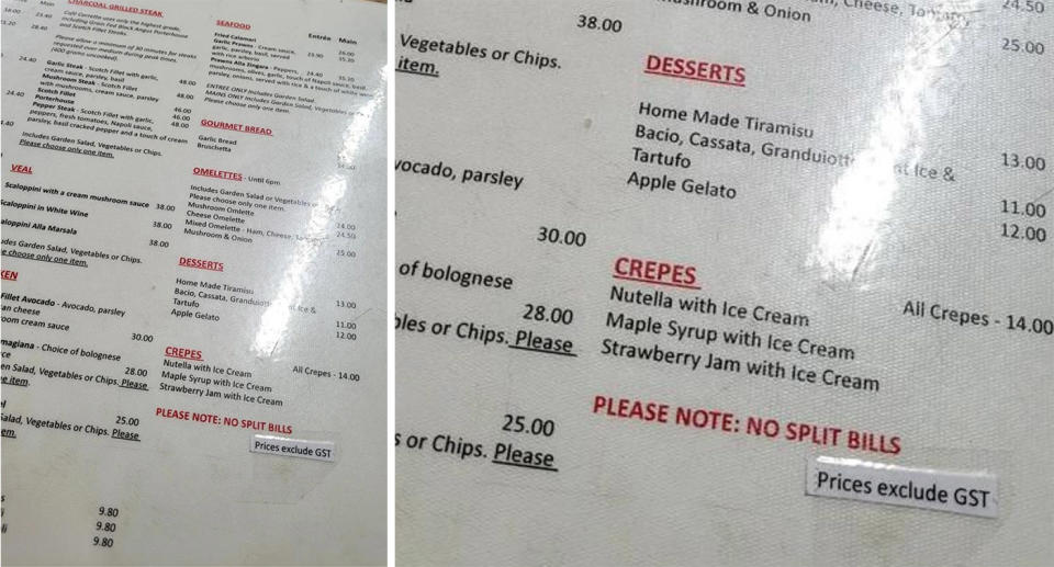 Melbourne restaurant menu stating that all prices are exclusive of GST