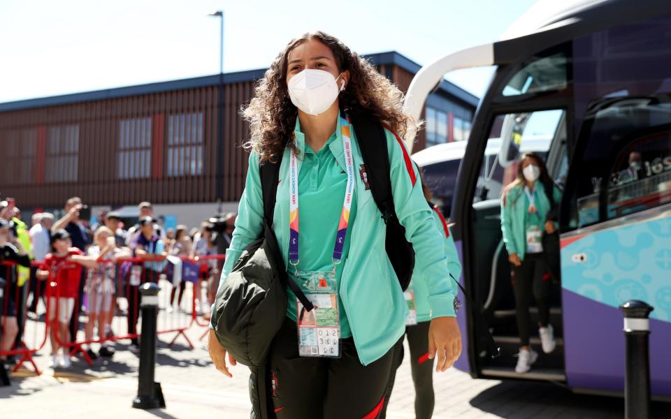 LEIGH, ENGLAND - JULY 09: Francisca Nazareth of Portugal arrives at the stadium prior to the UEFA Women's Euro 2022 group C match between Portugal and Switzerland at Leigh Sports Village on July 09, 2022 in Leigh, England. - Charlotte Tattersall/UEFA