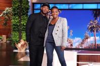 <p>Guest host Tiffany Haddish welcomes longtime friend and actor Marlon Wayans on Monday's taping of <em>The Ellen DeGeneres Show</em> in Burbank, California.</p>