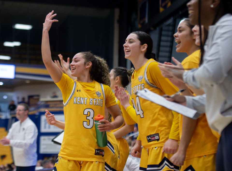 Kent State's Corynne Hauser reacts to Abby Ogle's underhand layup.