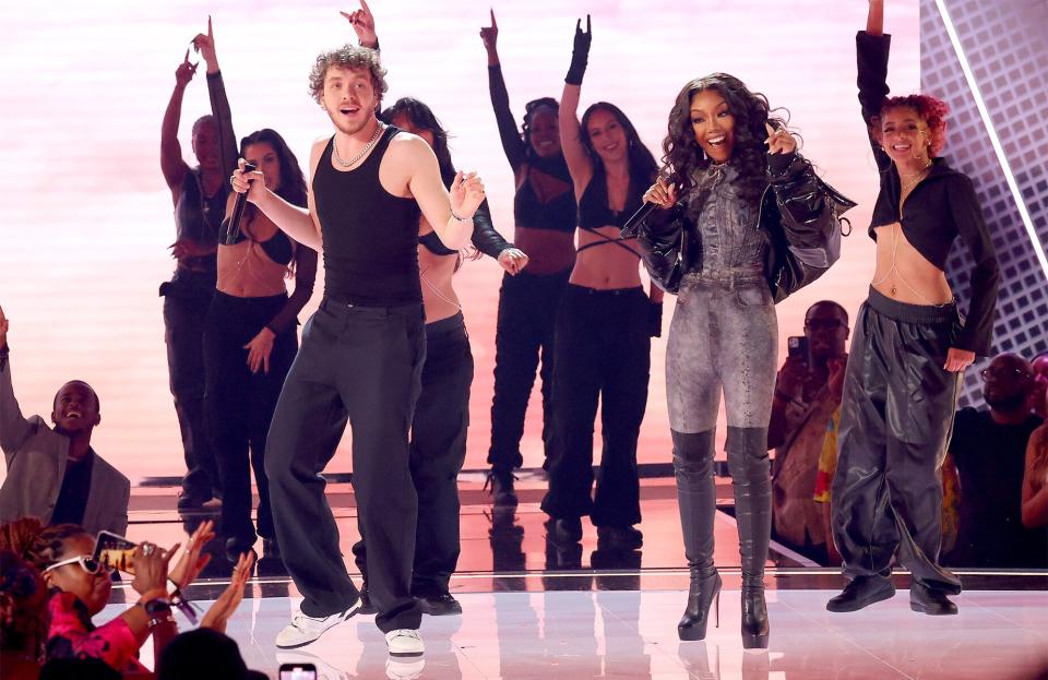 Jack Harlow and Brandy perform onstage during the 2022 BET Awards at Microsoft Theater on June 26, 2022 in Los Angeles, California.