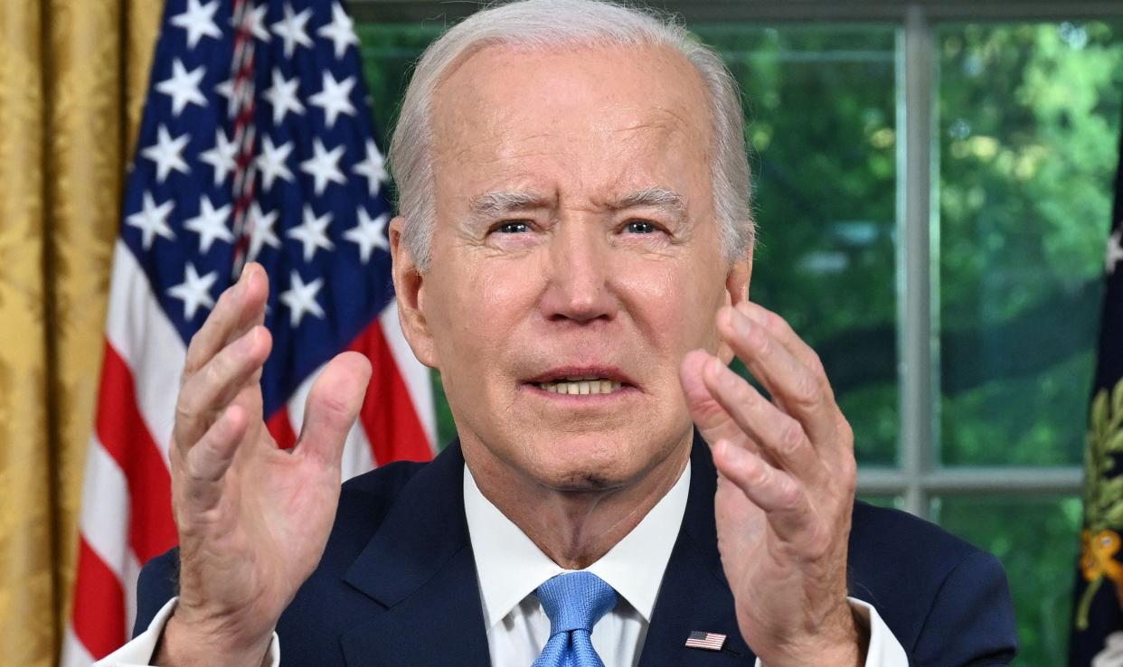 US President Joe Biden addresses the nation on averting default and the Bipartisan Budget Agreement, in the Oval Office of the White House in Washington, DC, June 2, 2023. (Photo by JIM WATSON / POOL / AFP) (Photo by JIM WATSON/POOL/AFP via Getty Images) ORIG FILE ID: AFP_33GV2CB.jpg
