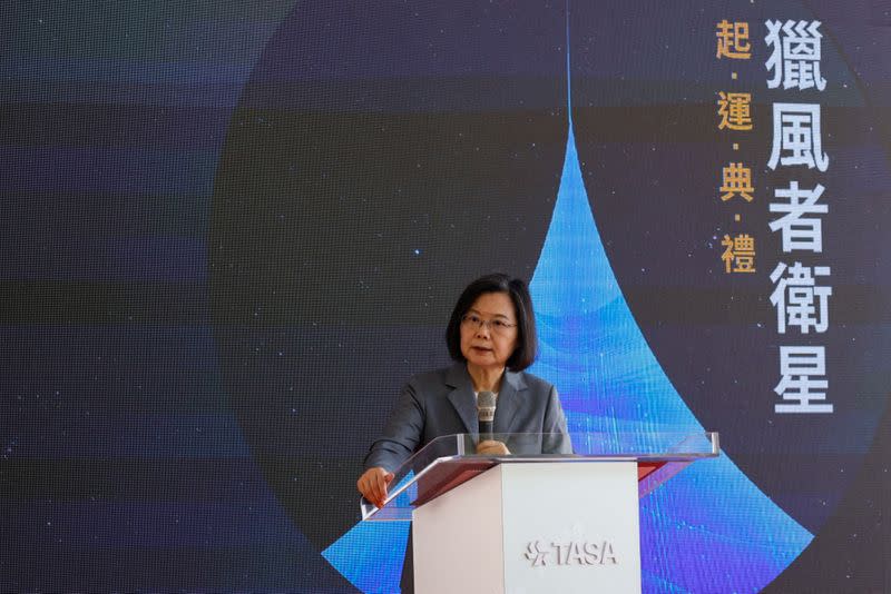 Taiwan's President Tsai Ing-wen makes a speech at the shipment ceremony of Triton