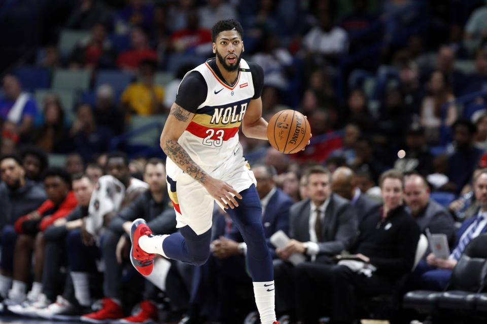 New Orleans Pelicans forward Anthony Davis (23) in the first half of an NBA basketball game in New Orleans, Saturday, March 16, 2019. (AP Photo/Tyler Kaufman)