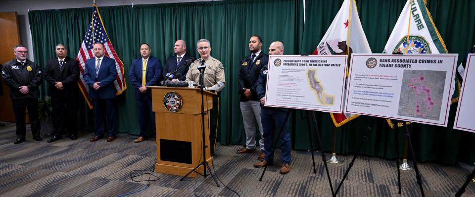 Tulare County Sheriff Mike Boudreaux speaks Monday, January 30, 2023 about new developments in the investigation of a mass shooting that occurred January 16 in Goshen. No arrests were announced but autopsies confirmed that all six victims died from gunshot wounds.