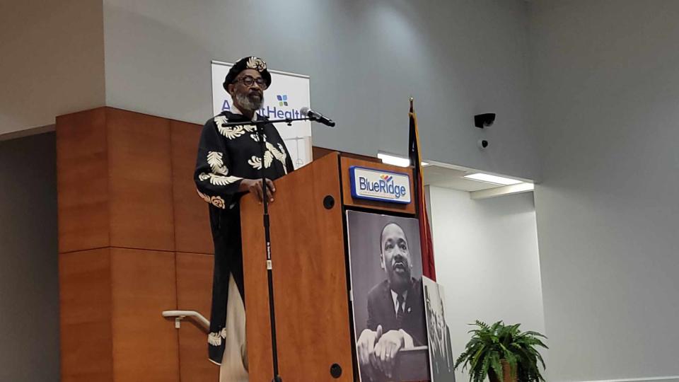 Nationally-known poet Robert Zachary speaks to the crowd on Jan. 15, Dr. Martin Luther King Jr. Day, during the MLK Unity Breakfast at Blue Ridge Community College.