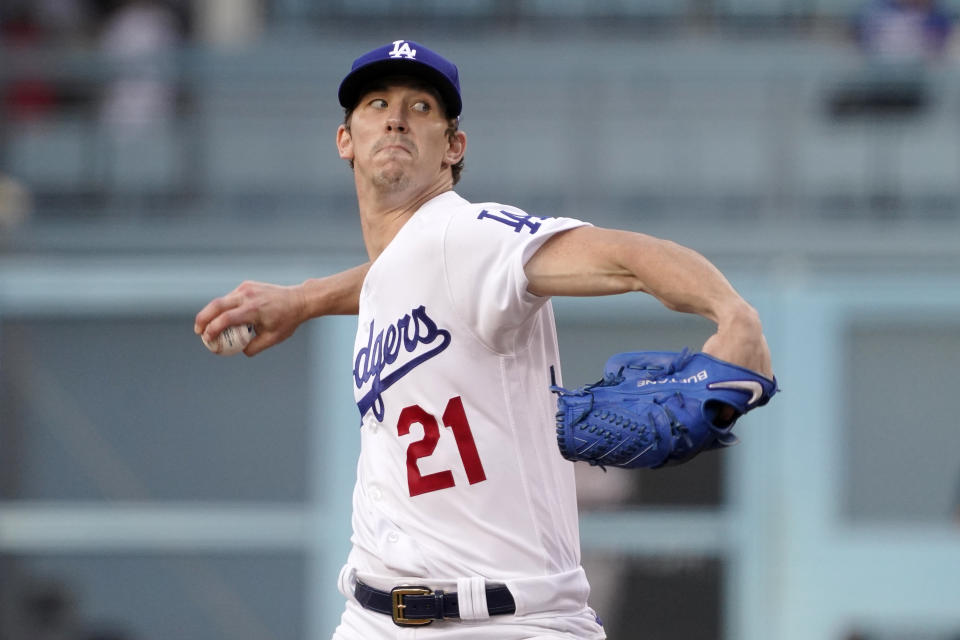 Los Angeles Dodgers starting pitcher Walker Buehler throws to the plate during the first inning of a baseball game against the San Francisco Giants Tuesday, June 29, 2021, in Los Angeles. (AP Photo/Mark J. Terrill)