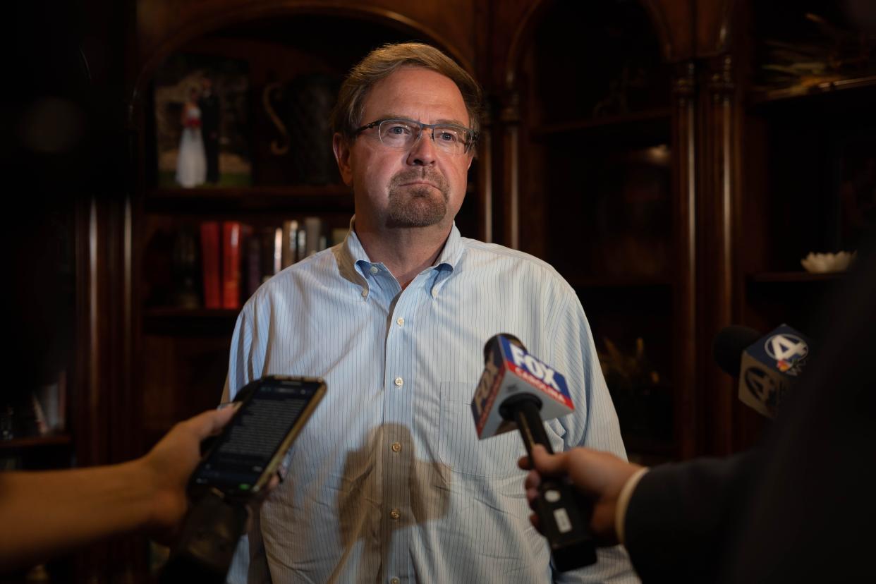 North Carolina Senator Chuck Edwards speaks to the press in Flat Rock after his primary win on May 17, 2022.