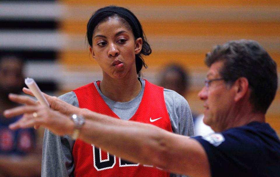 Candace Parker looks at USA Basketball head coach Geno Auriemma.