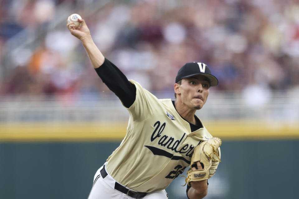 Vanderbilt pitcher Jack Leiter throws during the first inning against Mississippi State in Game 1 of the NCAA College World Series baseball finals, Monday, June 28, 2021, in Omaha, Neb. (AP Photo/Rebecca S. Gratz)