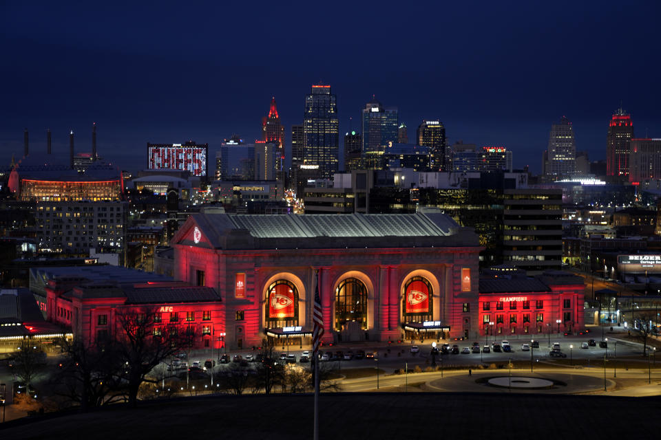 FILE - Union Station and other downtown Kansas City, Mo., buildings are lighted in red in support of the Kansas City Chiefs NFL football team Thursday, Feb. 1, 2024. The Chiefs will play the San Francisco 49ers in Super Bowl 58. (AP Photo/Charlie Riedel, File)