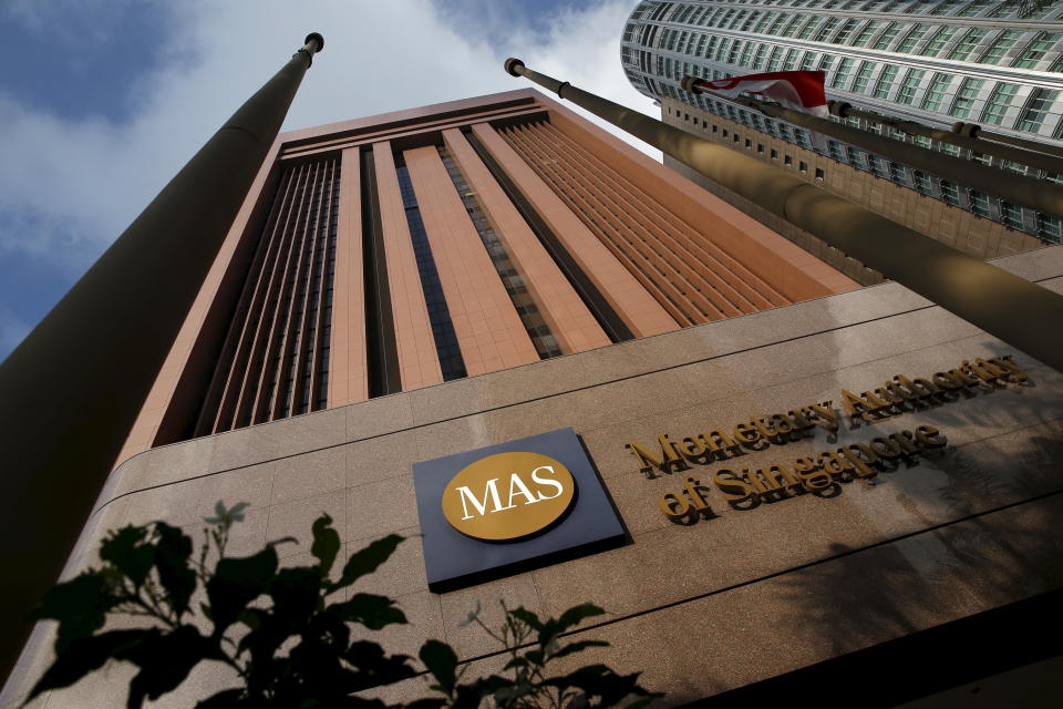 Photo of the MAS sign outside its building, illustrating a story on MAS reprimanding Three Arrows Capital for providing false information. (PHOTO: REUTERS/Edgar Su)