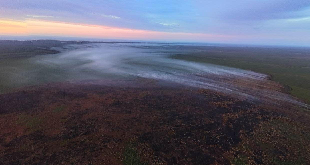 An aerial view of the Juniper Road Two Fire located in the Holly Shelter Game Lands in Pender County in August 2022.