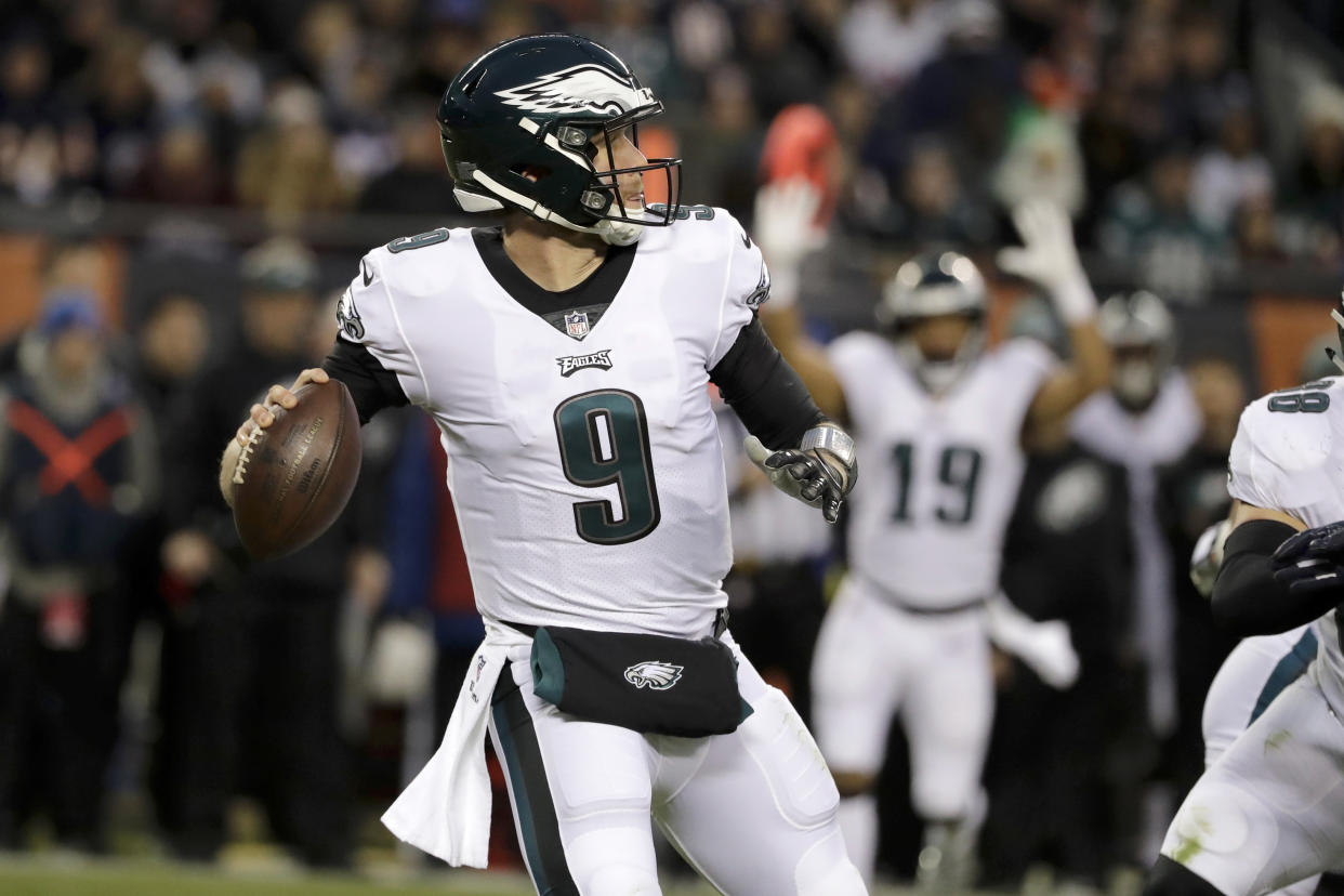 Philadelphia Eagles quarterback Nick Foles (9) throws a pass during the first half of an NFL wild-card playoff football game against the Chicago Bears Sunday, Jan. 6, 2019, in Chicago. (AP Photo/Nam Y. Huh)