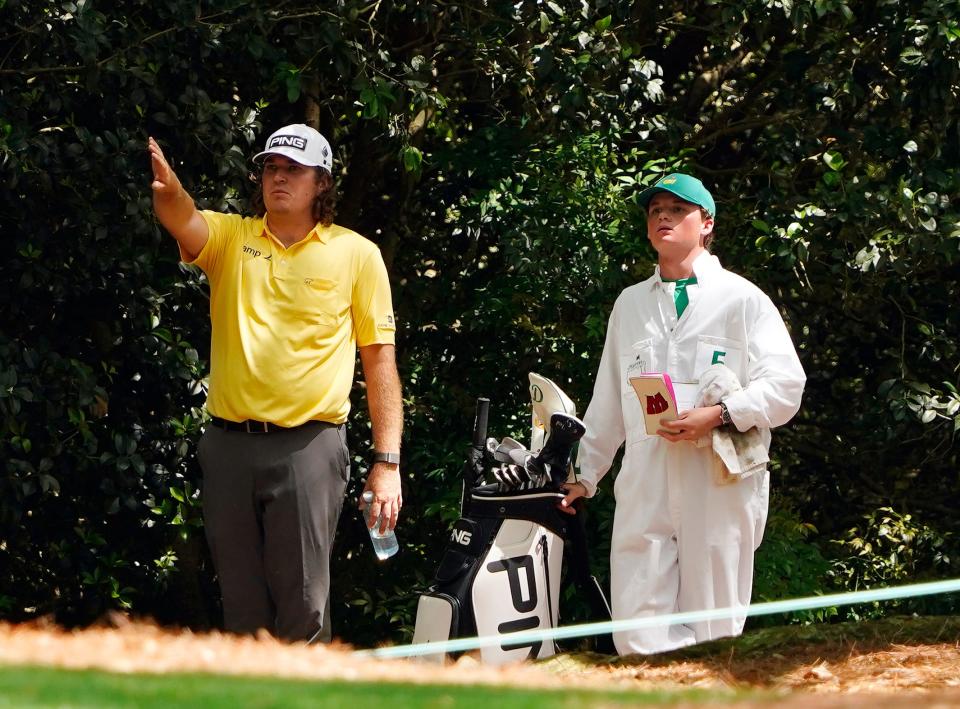 Apr 11, 2024; Augusta, Georgia, USA; Neal Shipley plans out his second shot from the trees on No. 2 during the first round of the Masters Tournament. Mandatory Credit: Katie Goodale-USA TODAY Network