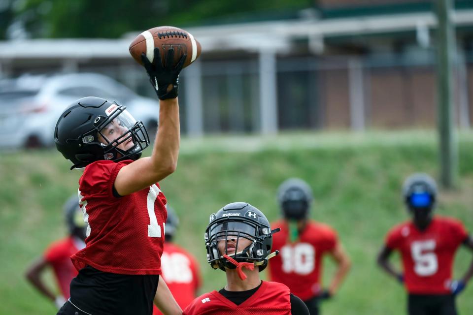 Hillcrest High School varsity football players practice at the school on Saturday, July 29, 2023. (Syndication: The Greenville News)