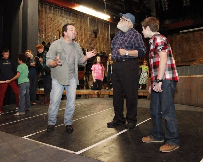 Actors Timothy Stewart, left, James Ong and Colton Casteel rehearse on Nov. 16, 2013, for Pollard Theatre's "A Territorial Christmas Carol" in Guthrie. Ong, who had played the role of Scrooge since 2000, died in 2018. [The Oklahoman Archives]