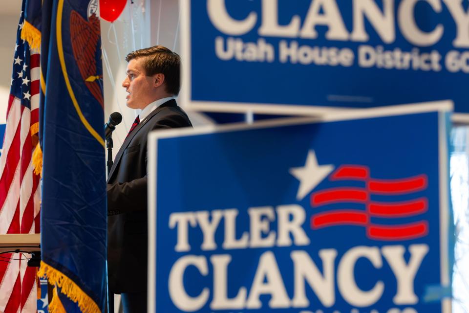 Rep. Tyler Clancy, R-Provo, speaks at the Pathways to Purpose conference hosted by Clancy at the Provo Recreation Center in Provo on Saturday, Dec. 2, 2023. | Megan Nielsen, Deseret News