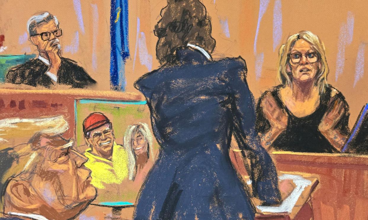 <span> Court sketch shows Stormy Daniels questioned by prosecutor Susan Hoffinger as Justice Juan Merchan and Donald Trump look on. </span><span>Photograph: Jane Rosenberg/Reuters</span>