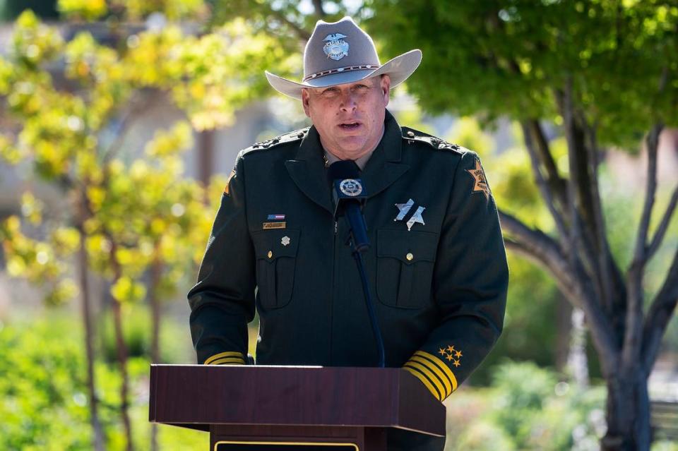 Merced County Undersheriff Corey Gibson speaks during the annual Merced County Peace Officers Memorial Ceremony in Merced, Calif., on Wednesday, May 29, 2024. The ceremony honors law enforcement officers who died in the line of duty.