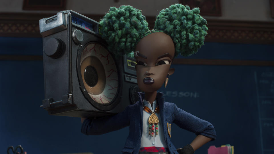 This image released by Netflix shows Kat, voiced by Lyric Ross, in a scene from "Wendell & Wild." (Netflix via AP)