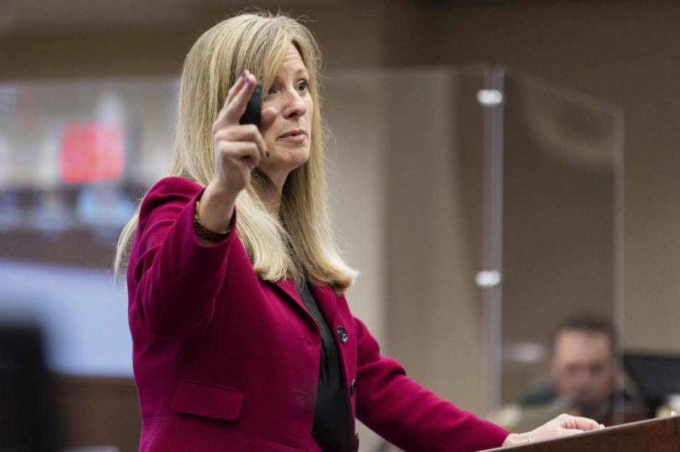 Assistant State Attorney Georgia Cappleman presents her closing arguments in the trial for Charlie Adelson on Monday, Nov. 6, 2023, in Tallahassee, Fla. Adelson, a Florida dentist on trial in a murder-for-hire case involving the 2014 slaying of his ex-brother-in-law, claims he was a victim of extortion by the killers. (Alicia Devine/Tallahassee Democrat via AP, Pool)