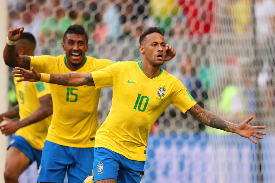 Neymar celebrates his 57th international goal for ‘The Selecao’ after converting Willian’s cross. (Getty)
