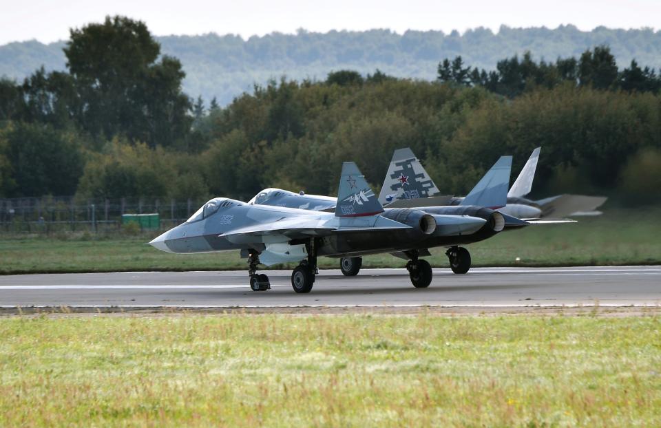 Sukhoi Su-57 fighter jets perform at the MAKS 2019 air show in Zhukovsky, outside Moscow, Russia, August 27, 2019.