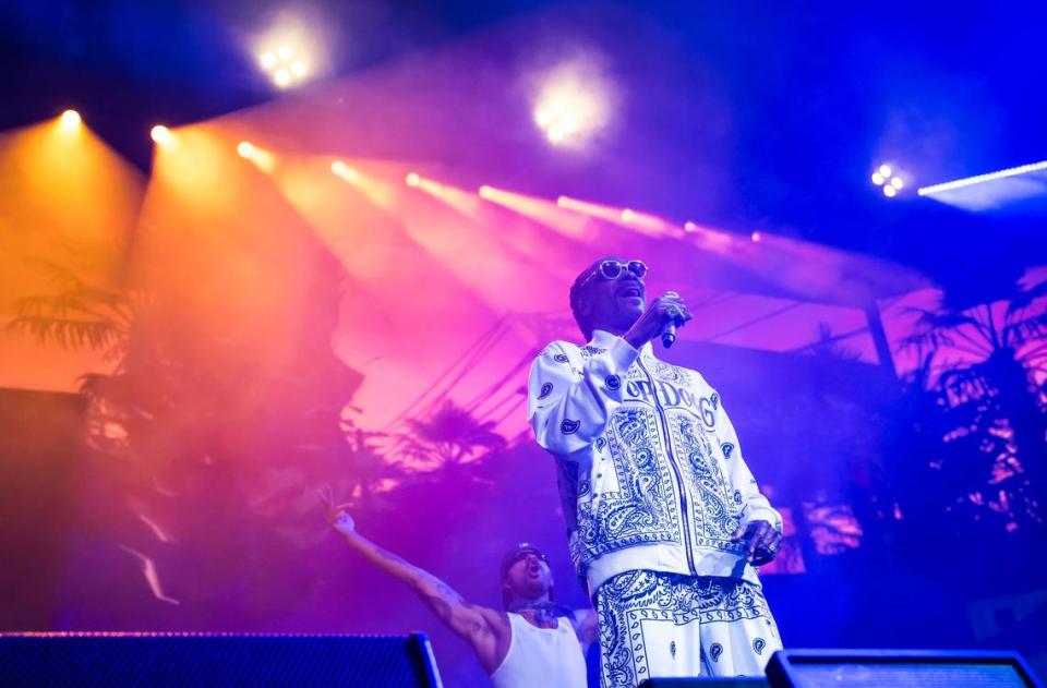 Snoop Dogg performs “The Next Episode” to open his set at his High School Reunion Tour stop in Sacramento on Friday, Aug. 25, 2023, at Golden 1 Center. Also performing were Wiz Khalifa, Too $hort, Warren G, Berner and DJ Drama.