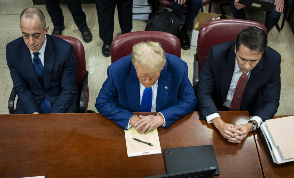 Former President Donald Trump appears at Manhattan criminal court before his trial in New York, Friday,, May 3, 2024. (Doug Mills/The New York Times via AP, Pool)