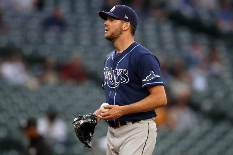 SEATTLE - JUNE 17:  Rich Hill #14 of the Tampa Bay Rays looks on during the game against the Seattle Mariners at T-Mobile Park on June 17, 2021 in Seattle, Washington.  The Mariners defeated the Rays 6-5.  (Photo by Rob Leiter/MLB Photos via Getty Images)