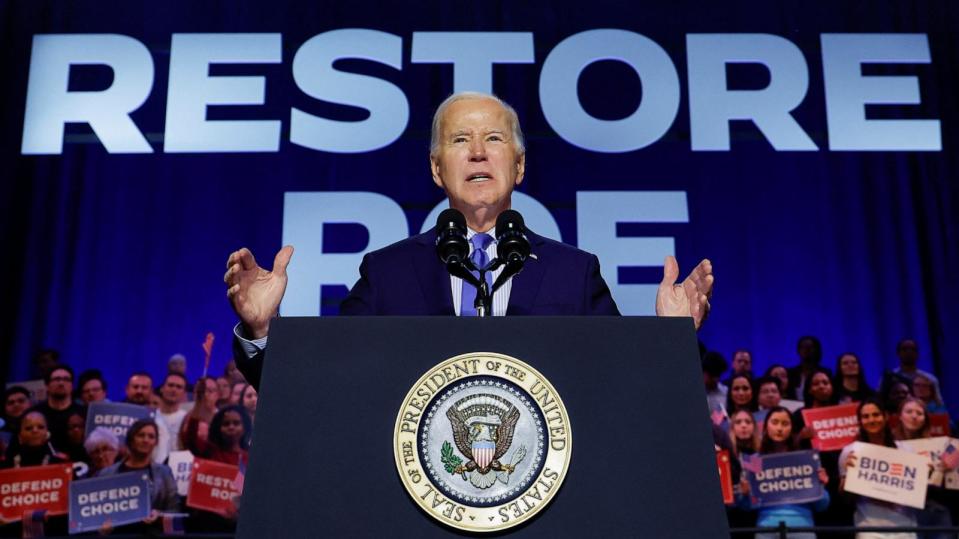 PHOTO: President Joe Biden delivers remarks, during a campaign event focusing on abortion rights in Manassas, Va., Jan. 23, 2024.  (Evelyn Hockstein/Reuters)