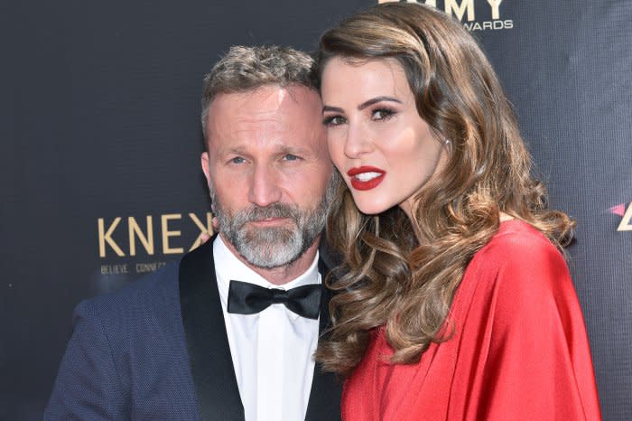 Linsey Godfrey (R) and Breckin Meyer arrive on the red carpet for the 46th Annual Daytime Emmy Awards held at the Pasadena Civic Auditorium on May 5, 2019. File Photo by Chris Chew/UPI