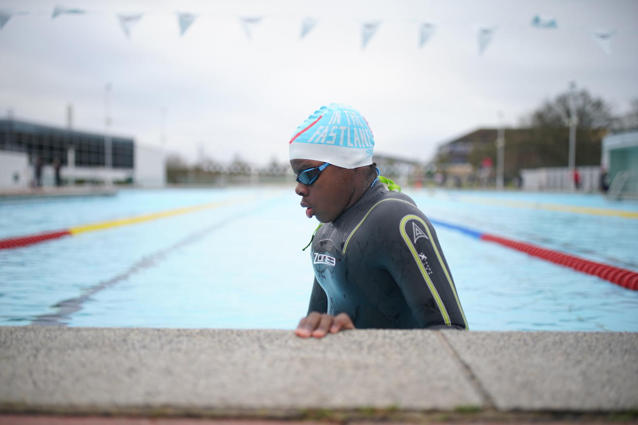 A swimmer in the water at Hillingdon Lido in Uxbridge, west London, on the first day of a major easing of England's coronavirus lockdown to allow far greater freedom outdoors. Picture date: Monday March 29, 2021.
