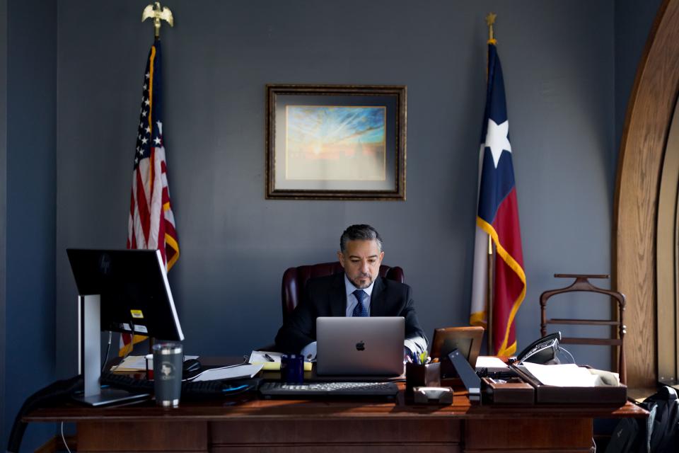 State Sen. Cesar Blanco, D-El Paso, works at his desk in his office in Downtown El Paso on Thursday, Sept. 28, 2023. Blanco officially announced his Texas Senate reelection campaign in late September.