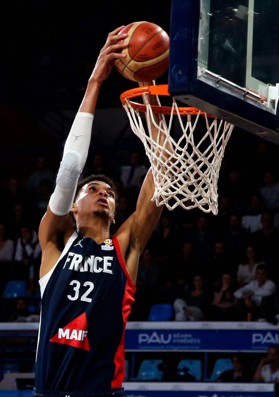 France's Victor Wembanyama scores during the FIBA Basketball World Cup 2023 European Qualifiers match on Nov. 14.